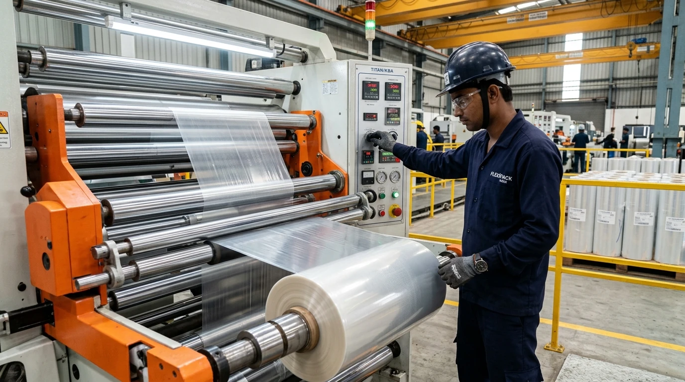 Technician operating a flexible film slitting and rewinding line